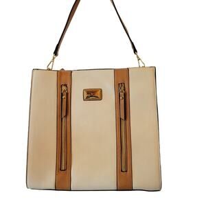 Simply Noelle Structured Bag Cream with Brown Leather Trim Accents 12x 12.25x4.5